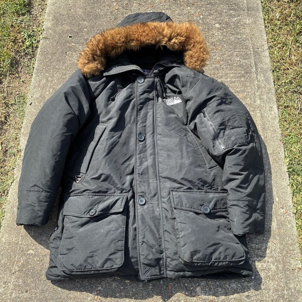 Vintage First Down Puffer Jacket Size Large Lamb Fur Hood Biggie Style Coat
